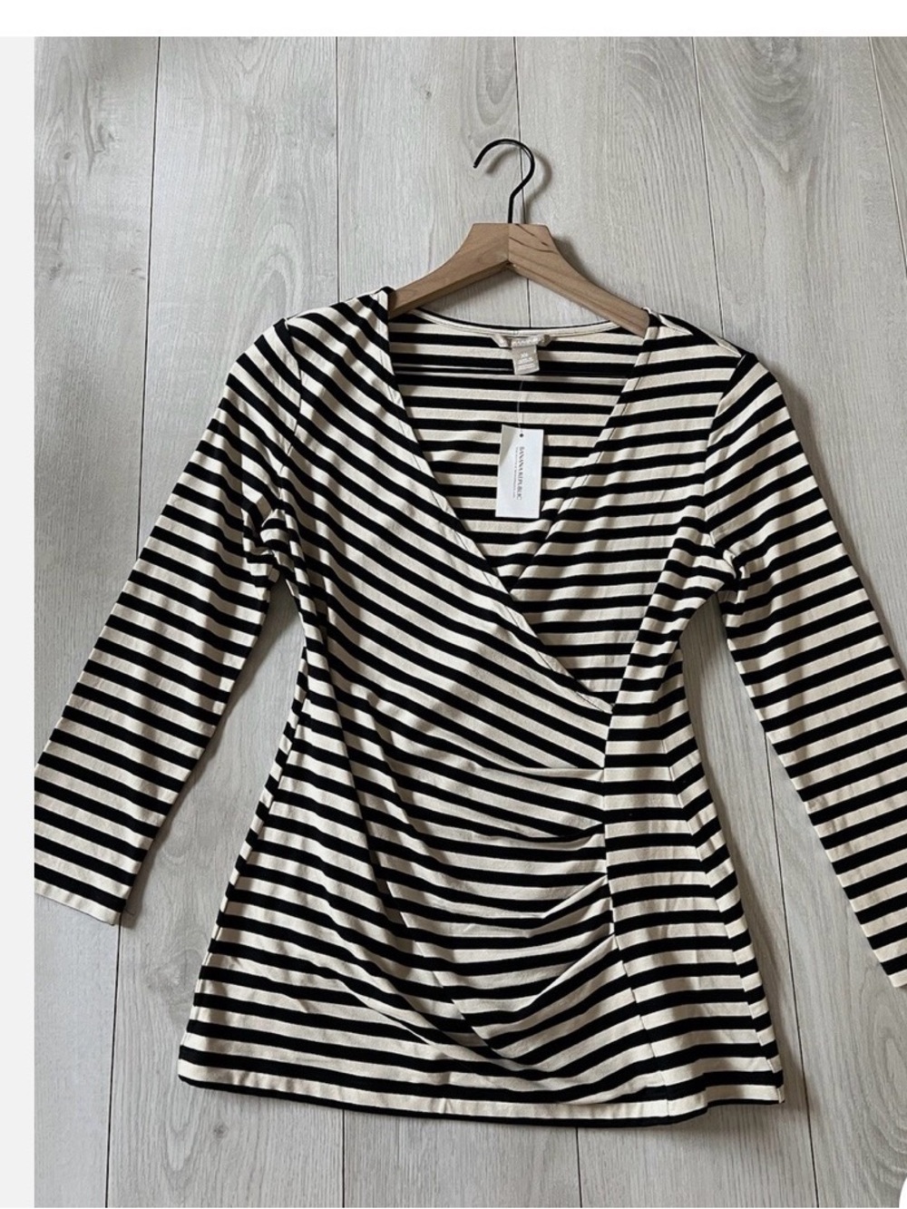 Banana Republic Black and Cream Striped Wrap-Style Long Sleeve Dress